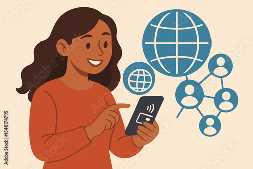 Happy young woman using smartphone for contactless mobile payment and digital transaction, holding device with wireless NFC payment icon, linked to global customer network in fintech commerce concept
