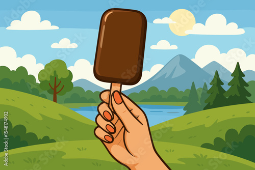 Female hand holding a chocolate popsicle ice cream bar. Summer vacation concept. Scenic nature landscape background with mountains and lake. Refreshing sweet dessert treat vector.