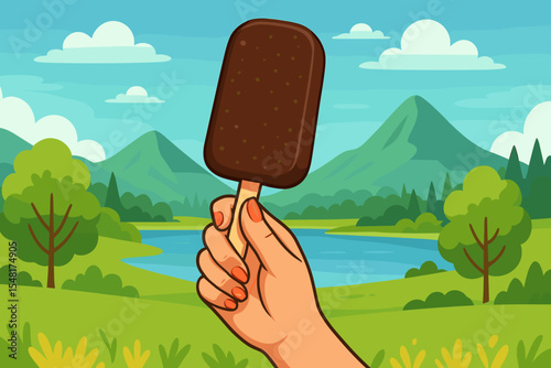 Chocolate ice cream bar in a female hand. Summer refreshing dessert concept. Scenic nature landscape with mountains and lake background. Travel and outdoor vacation vector illustration.