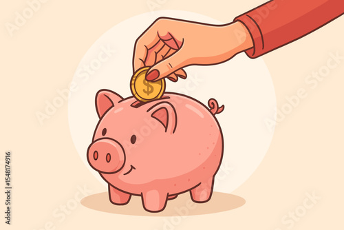 Woman's hand inserting a coin into a piggy bank for savings and financial planning. Concept of investment, economy, wealth, and budget management. Cartoon vector illustration.