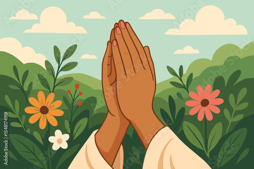 Praying hands gesture in a peaceful natural landscape with blooming flowers. Concept for spirituality, religion, hope, faith, gratitude, mindfulness and worship. Vector cartoon illustration.