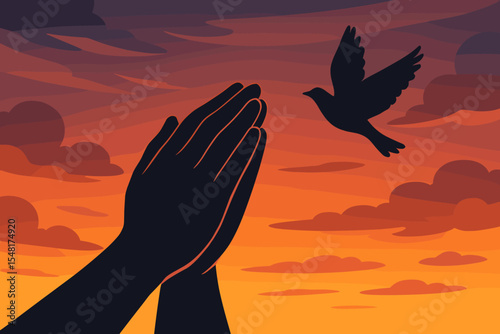 Praying hands silhouette with a dove flying free. Concept for faith, spirituality, hope and freedom. Christian prayer to God for peace, salvation, and love. Sunset background.
