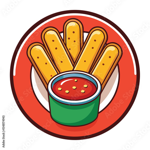 Icon-style vector of mozzarella sticks with marinara sauce