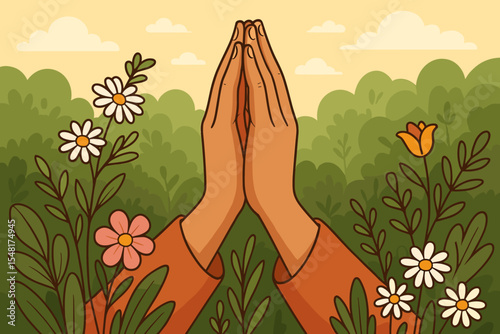 Female hands in prayer pose surrounded by meadow flowers and leafy greenery, symbolizing devotion, respect and spiritual meditation in serene nature setting. Worship vector cartoon illustration.