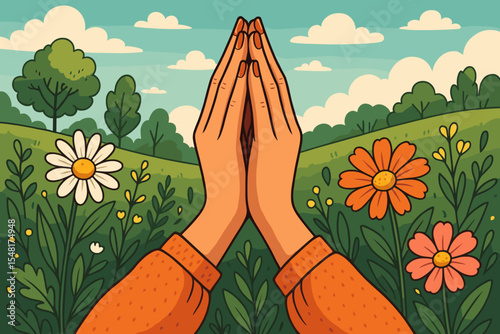Praying hands in namaste gesture in a beautiful nature landscape. Woman meditating outdoors among spring flowers. Concept of spirituality, gratitude, faith, peace, and respect.