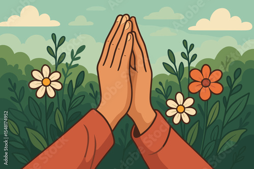 Hands in prayer or namaste pose surrounded by flowers in nature. Symbol of faith, spirituality, gratitude, and respect. Peaceful mindfulness and meditation cartoon illustration.