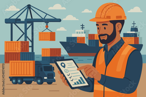 Worker Using Tablet for Smart Logistics Management in Cargo Shipping Industry. Digital Vector Illustration of Warehouse, Truck, Crane, and Cargo Containers in Port.