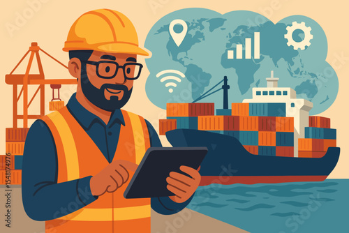 Worker Using Tablet for Smart Logistics Management in Cargo Shipping Industry, Vector Cartoon Illustration