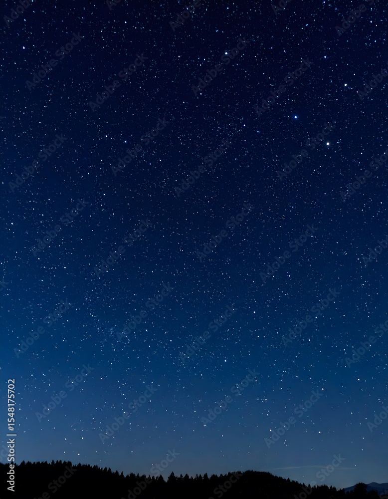 Obraz premium Starry Night Sky Above Silhouetted Trees, Deep Blue Gradient, Tranquil Atmosphere