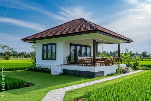 beautiful modern one story bungalow with white walls and dark wood accents, sitting on the edge of rice fields in Thailand, front porch overlooking green grass lawn