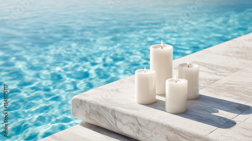 Цhite candles gently flicker atop marble tiles beside a swimming pool with blue water
