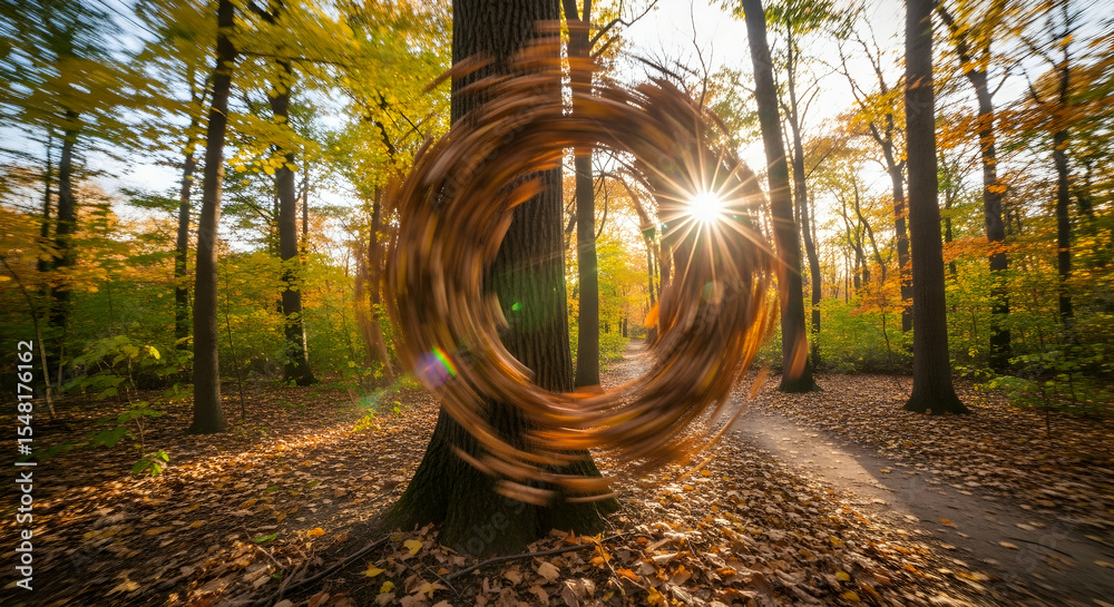 Fototapeta premium Autumnal Vortex: A Sun-Kissed Dance of Leaves in the Enchanted Forest