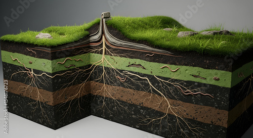 Ecological Cross Section Illustration Displaying Root System And Soil Layers