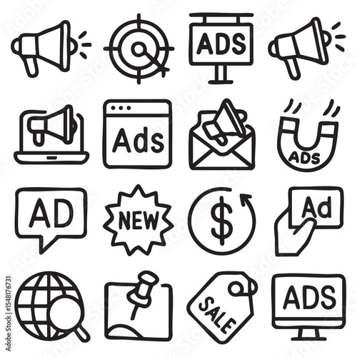 Black and white advertising icons with megaphone target ads sale and globe.