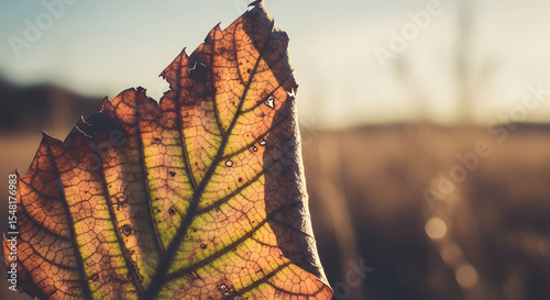 Dried Autumn Leaf Veins Against Golden Haze of Field Background