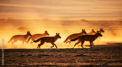 Dhole Pack Runs Into The Dust Filled Horizon At Dawn On The Savanna
