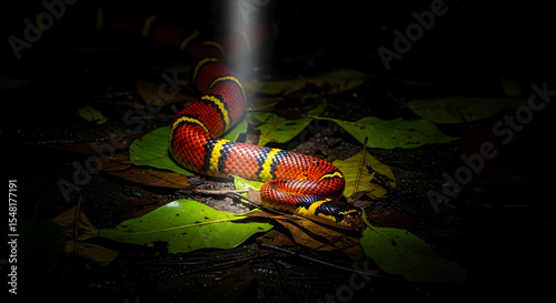 Vibrant Coral Snake Resting on Verdant Foliage in Shadowed Environment