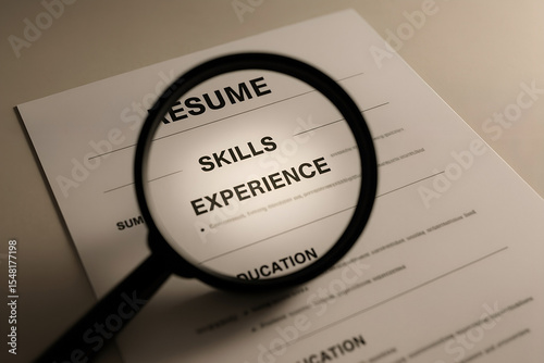 A magnifying glass focusing on the skills and experience section of a resume symbolizing job search and professional competence for career advancement