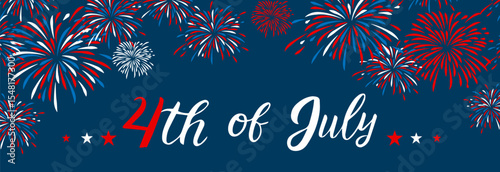 Happy 4th july Independence Day background . Red, blue fireworks for 4th of July . Fourth of July banner . United States of America celebration  border or greeting card. USA patriotic lettering .