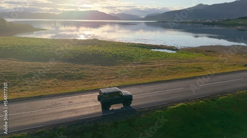Car Through Iceland Landscape mountains Epic Scenic Road Trip Scene. Kirkjufell
