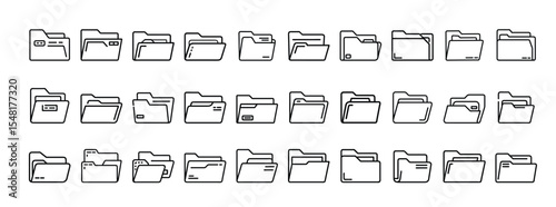 Minimalist Line Icons of File Folders with Document, Settings, Media, and Data Symbols