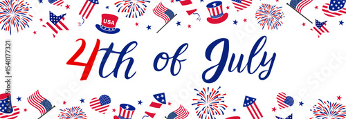 Happy 4th july Independence Day background . Red, blue fireworks for 4th of July . Fourth of July banner . United States of America celebration  border or greeting card. USA patriotic lettering .