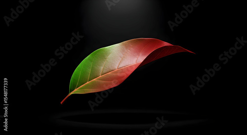 Leaf In Dramatic Lighting Green And Red Isolated On Black Background