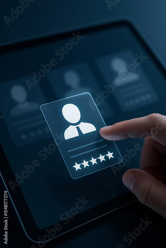 Digitally enhanced resume selection process on a tablet screen symbolizing employee evaluation and recruitment