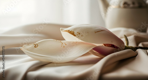 Serene Still Life Featuring a Delicate Magnolia Blossom and Teapot