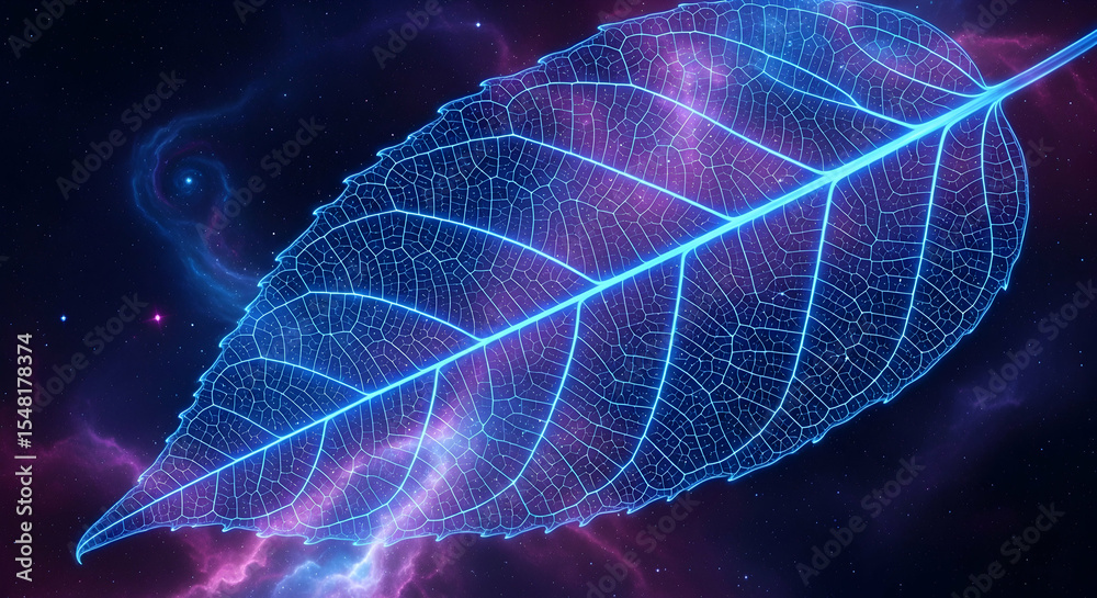 Naklejka premium Neon Leaf Veins Floating In Distant Galaxies Abstract Illustration