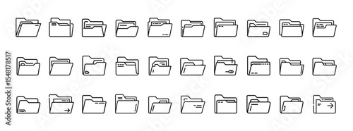 Minimalist Line Icons of File Folders with Document, Settings, Media, and Data Symbols