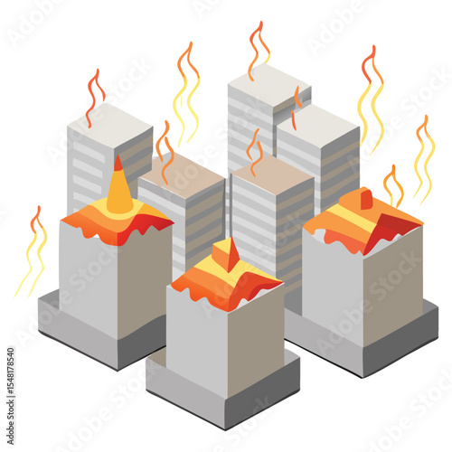 Burning buildings in city skyline illustration for disaster concept and climate change awareness design