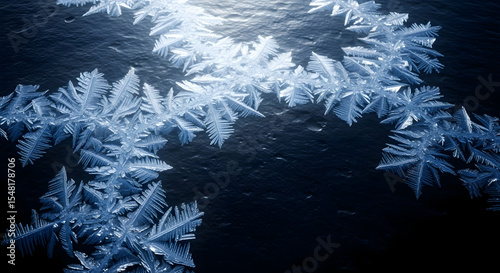 Frozen Fronds Glistening On A Dark Surface Reflecting Winter Cold Season
