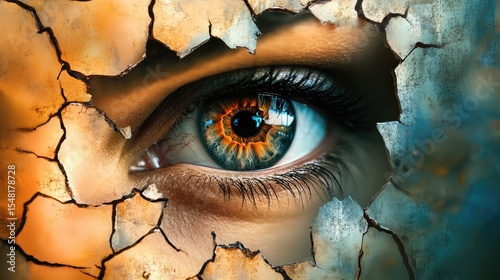 Abstract digital art of eye reflections within shattered glass texture
