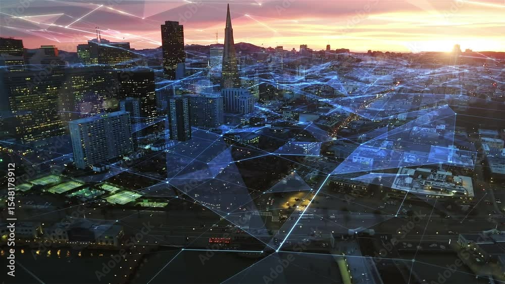 Aerial Smart City with Communication Network. Telecommunications. Networks, Signals, Connections Passing Through Streets. San francisco, United States. Sunset.