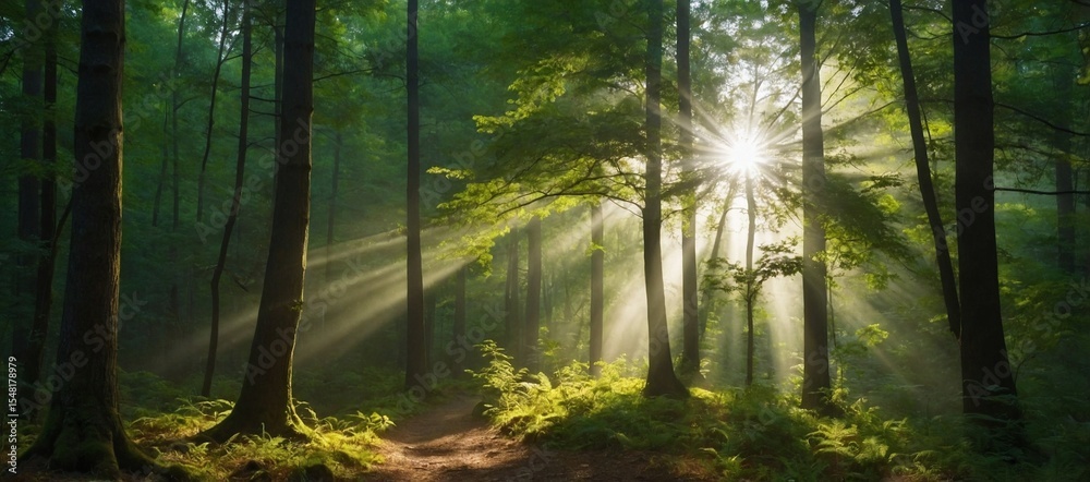 Fototapeta premium Beautiful rays of sunlight in a green forest