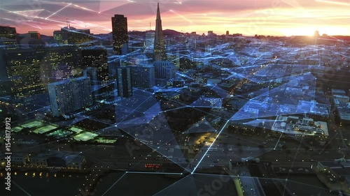 Aerial Smart City with Communication Network. Telecommunications. Networks, Signals, Connections Passing Through Streets. San francisco, United States. Sunset.