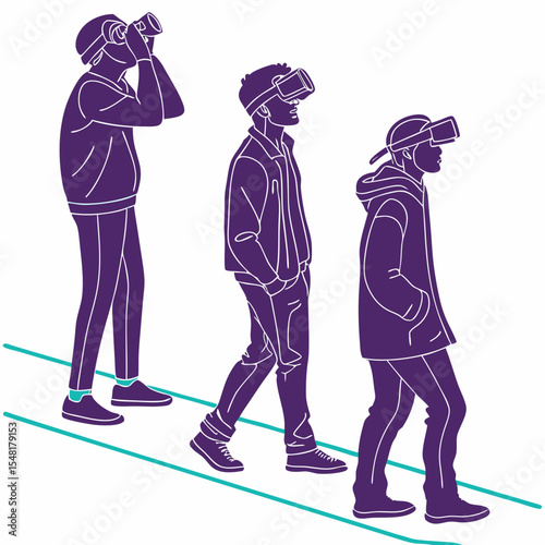 Three people wearing virtual reality headsets and walking on a slanted green line surface outdoors