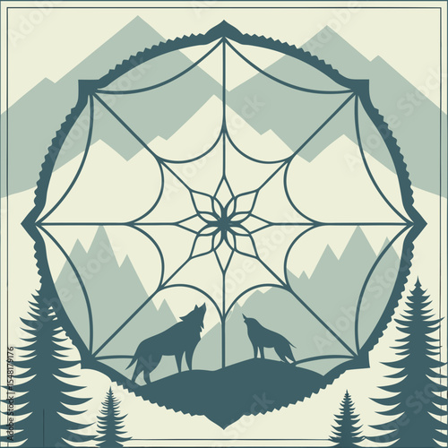 Illustration of two wolves howling in a mountain landscape within a decorative circular frame design