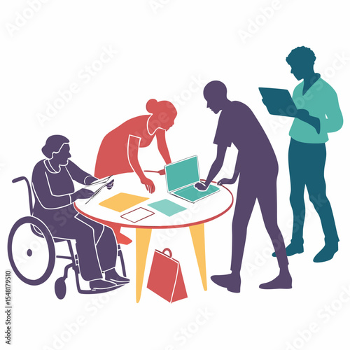 Group of diverse people collaborating around a table with a laptop and documents present