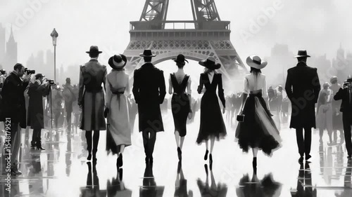 Elegant Crowd in Paris: Black and White Fashion Illustration with Eiffel Tower Backdrop