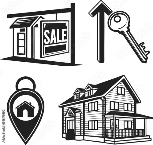house key sale sign arrow and location home icon
