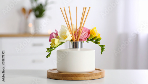 Aromatic Interior Reed Diffuser with Flowers on Table – Home Fragrance and Decoration Concept photo