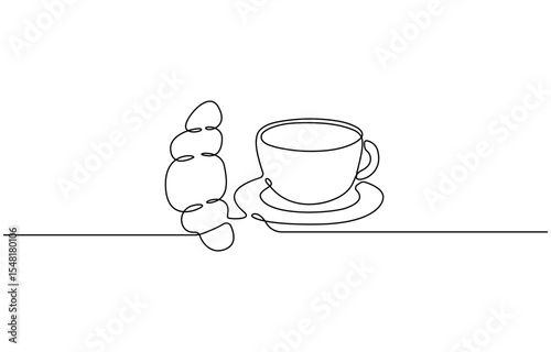 Breakfast with croissant and coffee drawn in one line style, One continuous line drawing croissant with coffee mug. Breakfast in simple linear style. Pastry Croissant. Vector illustration
