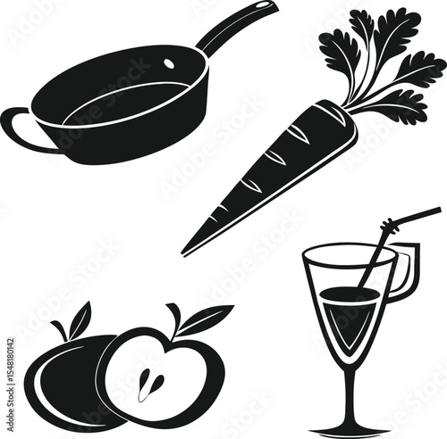 carrot apple juice glass and frying pan food set