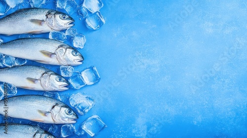 Fresh fish arranged on ice cubes