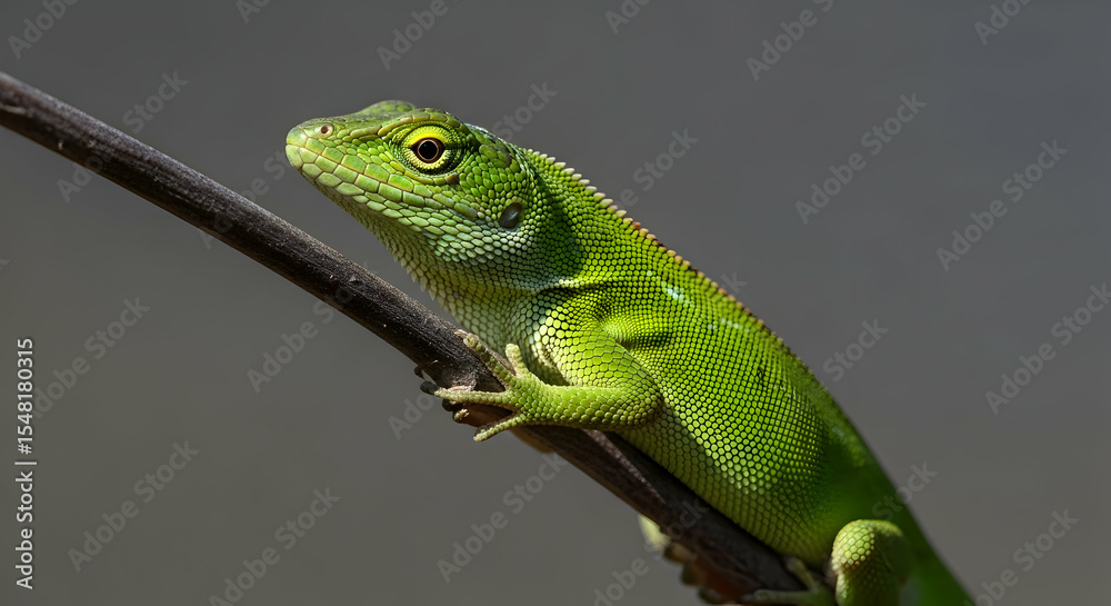 Fototapeta premium Vibrant Green Lizard Perched On Branch Displaying Scales And Eye Detail