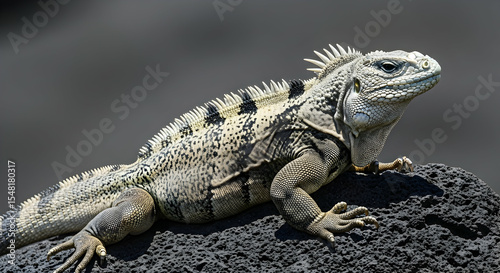 Island Iguana Basking On Volcanic Rock In Natural Habitat