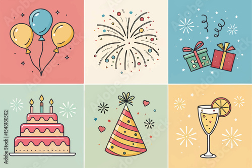 Festive Party Icon Set – Balloons, Confetti, Cake & Fireworks