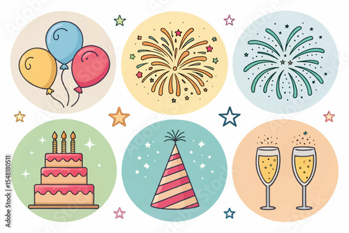 Fun and Cheerful Party Symbols – Balloons, Hat, Cake & Champagne